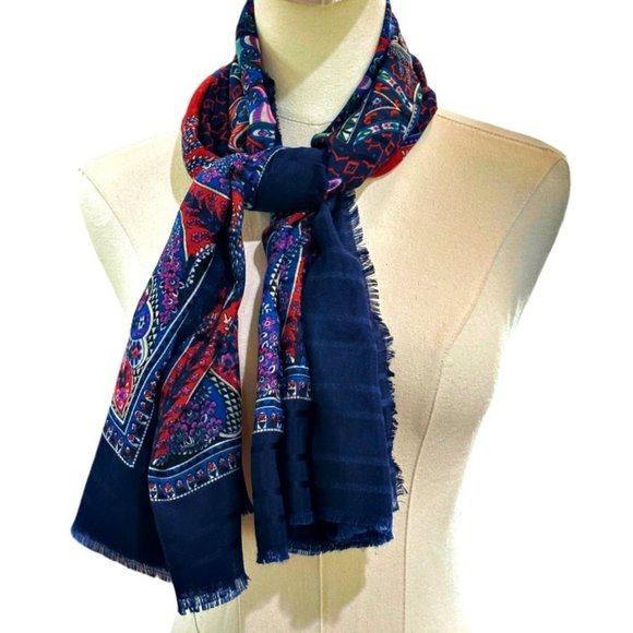 Vintage Square Blue & Red Scarf Shawl Head Cover 46 x 46" Fringed Oriental Vibes - Picture 1 of 5